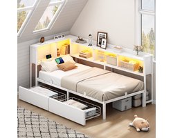 Eenpersoonsbedden Hoekbed 90x200 cm - Opbergbed - Jongerenbed - Jeugdbed - Eenpersoonsbed - Bedframe Met boekenkast en 2 lades - Led Verlichting - Met Stopcontacten - USB -Type C - Eenvoudige Montage - Wit
