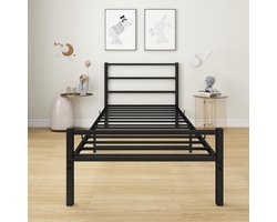 Eenpersoonsbedframe - Bedframe met hoofdeinde - Slaapkamer inrichten - Zwaar metalen frame - 90x190cm - Zwart
