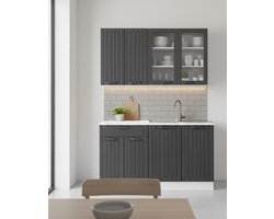 Eenpersoonskeuken 140x46x82 cm, compacte kitchenette met soft-close laden en verstelbare plank, antraciet landhuis/wit, MDF fronten, wandmontage – Novihome
