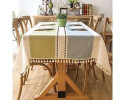 Eenvoudig Modern Streep Tafelkleed Kwastje Tafelkleed, Katoen Linnen Elegant Tafelkleed Wasbaar Keukentafel Cover Voor Eettafel (Teal strepen, Rechthoekig/Ovaal, 55 x 87 inch, 6-8 zitplaatsen)