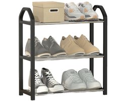 Eenvoudig te monteren schoenenrek met meerdere niveaus - Schoenenkast - Vrijstaand schoenenrek - Metalen schoenenrek - Schoenenrek - Ontwerp met drie niveaus - 42*19*43 cm - Geschikt voor woonkamers, hallen, enz. - Zwart
