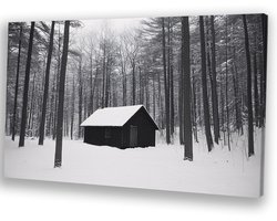 Eenzaam huisje in besneeuwd bos - Sneeuw schilderijen canvas - Wanddecoratie canvas cabin - Monochromatisch - Landelijk schilderij - Woonkamer accessoires - canvas 60x40 cm