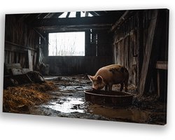 Eenzame varken in oude schuur - Varken portret - Muurkunst dieren - Realistische kunst - Decoratie voor thuis - Slaapkamer muurdecoratie - canvas 120x80 cm