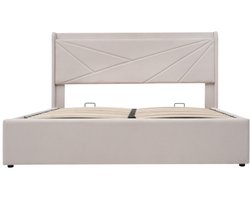 Eepersoonsbed 140x200cm Zonder Matras Polsterbed Beige Linnen Met USB Type C Hoofdbord En 2 Opbergkasten Lattenbodem Geschikt Voor Jongeren Modern Design