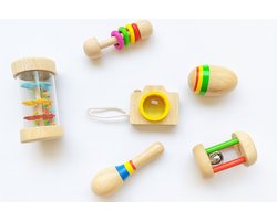 Eerste Muziekinstrumentenset Hout - Baby Muziek Speelgoed - Montessorri Muziekset Kind Muziekspeelgoed Regenmaker Rammelaar - 1 jaar Set 6 Muziekinstrumenten Muziekspeelgoed - Houten Instrument - Peuter & Dreumes Cadeau Kraamcadeau Rammelaar Kinderen