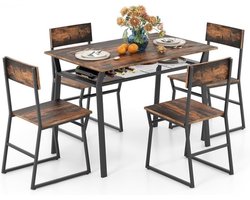 Eetgroep - 4 zitplaatsen - Eettafel - 4 stoelen - Industriële stijl - Grote opbergruimte - Houtnerf - zwart frame
