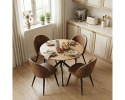 Eetgroepset 100 cm Ronde Eettafel met 4 Fluwelen Eetkamerstoelen – 5-delige Dining Set voor Keuken, Eetkamer en Woonkamer – Moderne Scandinavische Eetkamerset – Licht Eikenkleur + bruin – Vermissen