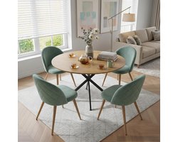 Eetgroepset 100 cm Ronde Eettafel met 4 Fluwelen Eetkamerstoelen – 5-delige Dining Set voor Keuken, Eetkamer en Woonkamer – Moderne Scandinavische Eetkamerset – Licht Eikenkleur + Fluweel Groen – Vermissen