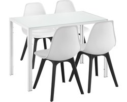 Eethoek Delft glazen eettafel met 4 stoelen wit en wit/zwart