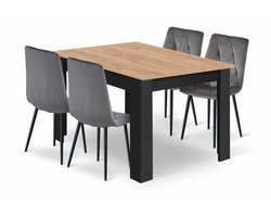 Eethoek - Eettafelset - NP 120x80 Craft met Zwarte Poten + 4 Stoelen LIBRA Grijs met Zwarte Poten, Modern Design, Geschikt voor Keuken, Eetkamer en Woonkamer