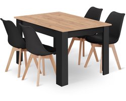 Eethoek - Eettafelset - NP 120x80 Craft met Zwarte Poten + 4 Stoelen MARK Zwart met Beukenhouten Poten, Modern Design, Geschikt voor Keuken, Eetkamer en Woonkamer