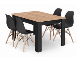 Eethoek - Eettafelset - NP 120x80 Craft met Zwarte Poten + 4 Stoelen OSAKA Zwart met Beukenhouten Poten, Modern Design, Geschikt voor Keuken, Eetkamer en Woonkamer