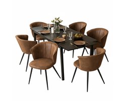 Eethoek - Uitschuifbare Houtlook Tafel Met 6 Vintage Stoelen - Bruin