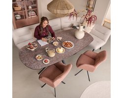 Eetkamer Hoekbank Bjorna - Textiel / Metaal - Roze / Zwart - 270x89x170 cm (BxHxD) - Koudschuim Vulling
