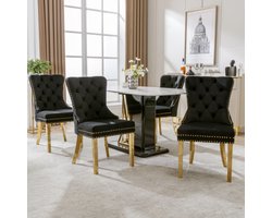 Eetkamer (keukenstoel woonkamerstoel met unieke ronde trek aan de achterkant, 4 st), gestoffeerde stoel met nagelkopafwerking, ondersteuning benen gemaakt van vergulde roestvrij staal, fluweel, zwart/goud