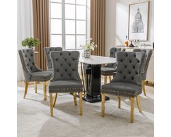 Eetkamer (keukenstoel woonkamerstoel met unieke ronde trek aan de achterkant, 6 st), gestoffeerde stoel met nagelkopafwerking, ondersteuning benen gemaakt van vergulde roestvrij staal, deksel gemaakt van fluweel, grijs/goud