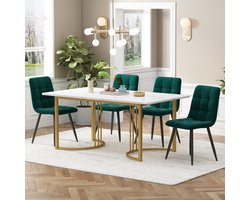 Eetkamer set - 5-delig - 1 eettafel en 4 stoelen - moderne eettafelset - gouden tafelpoten en wit tafelblad - groene eetkamerstoelen