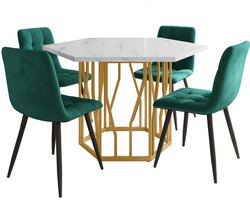 Eetkamer set 5-delig met een zeshoekige eettafel met marmerlook en gouden tafelpoten en 4 groene huidvriendelijke en zachte stoelen