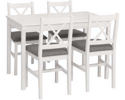 Eetkamer-set MCW-F77, zitgroep Eetkamergroep, massief grenenhout Stof Landhuis 110 cm ~ wit Bekleding grijs