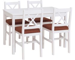 Eetkamer set MCW-F77, zitgroep eetkamergroep, massief grenenhout stof landhuis 110 cm ~ wit bekleding terracotta