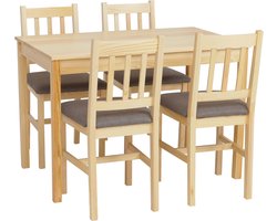 Eetkamer-set MCW-F77, zitgroep Eetkamergroep, massief hout dennenhout Stof Landhuis 110 cm ~ naturel Bekleding grijs