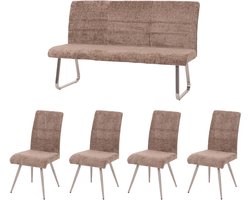Eetkamer set MCW-G55, set van 4 stoelen + bank 160 cm, geborsteld roestvrij staal Stof/textiel Chenille ~ bruin