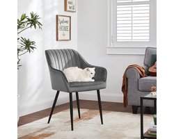 Eetkamer Stoel met armleuning en zwart metalen poten - Eetkamerstoel Fluweel Grijs, 62,5 x 60 x 85 cm