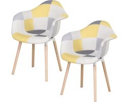 Eetkamer Stoelen - Eettafel - Kuipstoel - Kantoor - Set van 2 - Geel/Grijs/Wit - Ruitpatroon