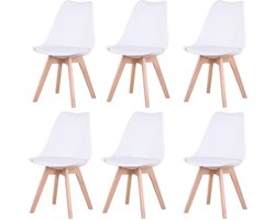 Eetkamer Stoelen Lyla - Scandinavisch Model - Gewatteerde Sitting - Beukenhouten Onderstel - Wit - 6 Stuks