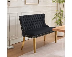 Eetkamerbank - 2-Zits - Gecapitonneerde Vleugelleuning - Gouden Poten - Fluweel - Zwart