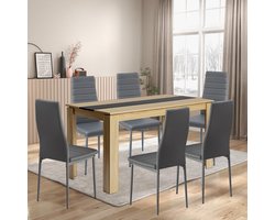 Eetkamergroep met tafel en 6 stoelen - rechthoekige tafel in eiken-zwart met kunstleren stoelen met hoge rugleuning