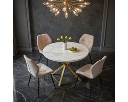 Eetkamerset 5-Delig 100cm Rond – Witte Marmerlook Eettafel Goud Frame + 4 Leren Eetkamerstoelen Kaki, Moderne Set voor 4 Personen Keuken Eetkamer Woonkamer - Ganeey