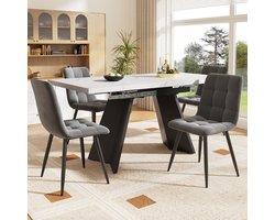 Eetkamerset (5-delig), Eettafelset, Uitschuifbare Eettafelset voor 4 Personen, Eetkamer Set - Verlengbare Tafel - Eettafel van 160×80×75 cm met 4 Eetstoelen, Grijze Fluwelen Eetstoel, Witte Eettafel met Platte Poten-Wit-b