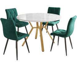 Eetkamerset 5-delig met een ronde eettafel met marmerlook en gouden X-vormige tafelpoten en 4 groene huidvriendelijke zachte stoelen
