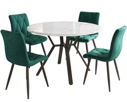 Eetkamerset 5-delig met een ronde eettafel met marmerlook en zwarte X-vormige tafelpoten en 4 groen huidvriendelijke zachte stoelen.