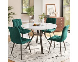 Eetkamerset (5-Delig), Moderne, Eenvoudige Ronde Eettafel En Stoelen Van Marmer, Tafelpoten Van Zwart Metaal + 4 Ergonomische Stoelen Van Groen Suède