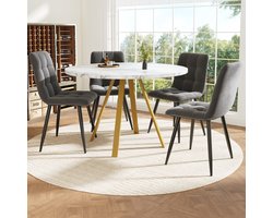 Eetkamerset (5-Delig), Ronde Eettafel, 80×80×75 Cm Eettafel (Incl. 4 Eetkamerstoelen), Ronde Salontafel Voor 4 Personen, Fluwelen Stoelen (Incl. Witte Marmeren Tafel), Grijze Eetkamerstoelen