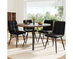 Eetkamerset (5-Delig), Ronde Eettafel, 80×80×75 Cm, Eettafel Met 4 Eetstoelen, Ronde Salontafel Voor 4 Personen, Fluwelen Zittingen Bij De Walnootkleurige Eettafel, Zwarte Eetstoelen