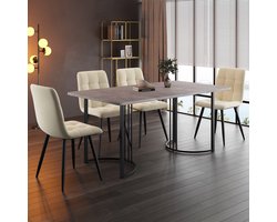 Eetkamerset 5-Delig - Tafel 140x80cm Met 4 Stoelen - Modern Design - MDF Marmer Motief - Zwart Metaal - Grijze Tafel - Beige Velours Stoelen