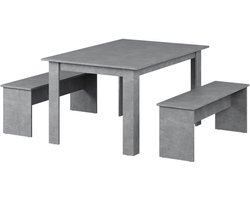 Eetkamerset Betonlook Tafel met 2 Zitbanken - 90x140 cm