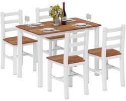 Eetkamerset - eettafel - 4 stoelen - eetkamerset - grenenhout - bruin+wit