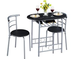 Eetkamerset in landhuisstijl, tafelset voor 2 personen met 1 eettafel en 2 stoelen, keukentafel met opbergvak, eettafelset, eetkamergarnituur, zwart