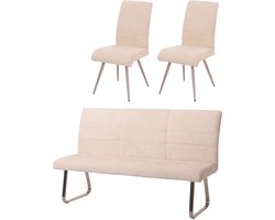Eetkamerset MCW-G55, set van 2 stoelen + bank 180cm, geborsteld roestvrij staal stof/textiel chenille ~ crème