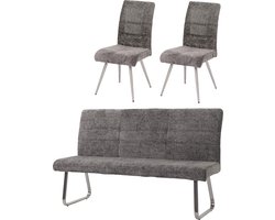 Eetkamerset MCW-G55, set van 2 stoelen + bank 180cm, geborsteld roestvrij staal stof/textiel chenille ~ donkergrijs