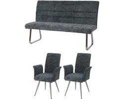 Eetkamerset MCW-G55, set van 2 stoelen met armleuningen + bank 160cm, geborsteld roestvrij staal stof/textiel chenille ~ blauwgroen