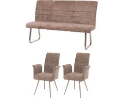 Eetkamerset MCW-G55, set van 2 stoelen met armleuningen + bank 160cm, geborsteld roestvrij staal stof/textiel chenille ~ bruin