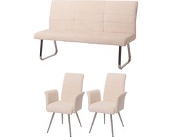 Eetkamerset MCW-G55, set van 2 stoelen met armleuningen + bank 160cm, geborsteld roestvrij staal stof/textiel chenille ~ crème