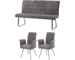 Eetkamerset MCW-G55, set van 2 stoelen met armleuningen + bank 160cm, geborsteld roestvrij staal stof/textiel chenille ~ donkergrijs