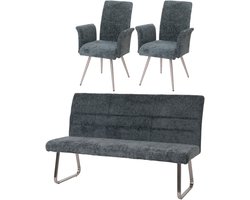 Eetkamerset MCW-G55, set van 2 stoelen met armleuningen + zitbank 180cm, geborsteld roestvrij staal stof/textiel chenille ~ blauwgroen