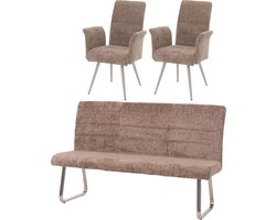 Eetkamerset MCW-G55, set van 2 stoelen met armleuningen + zitbank 180cm, geborsteld roestvrij staal stof/textiel chenille ~ bruin